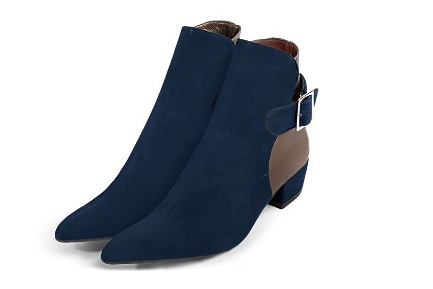 Navy blue and bronze gold women's booties, with buckles at the back. Tapered toe. Low cone heels - Florence KOOIJMAN